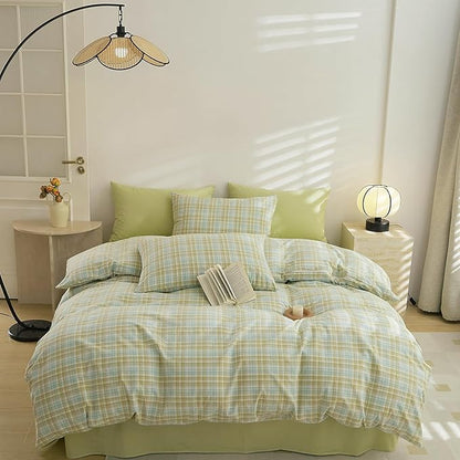 EAVD Vintage Gingham Comforter Set Twin XL Soft 100% Washed Cotton Green Yellow Grid Plaid Comforter Set 3-Piece Retro Grid Checkered Bedding Set with 2 Pillowcases Gingham Bedding Set for All-Season