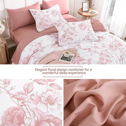 Luxudecor Floral King Comforter Set 7 Pieces Bed in a Bag, Pink Rose Romantic Flower Bed Set, Soft Reversible Comforter with Sheet Set 104"x90"