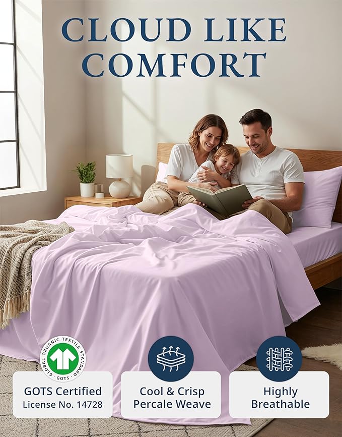 LANE LINEN 100% Organic Cotton Sustainably Produced Extra Large Twin Sheets for Hospital Bed, Fully Elasticized Reinforsed Seams, Machine Washable Deep Pocket Twin XL Bedding- Orchid Petal