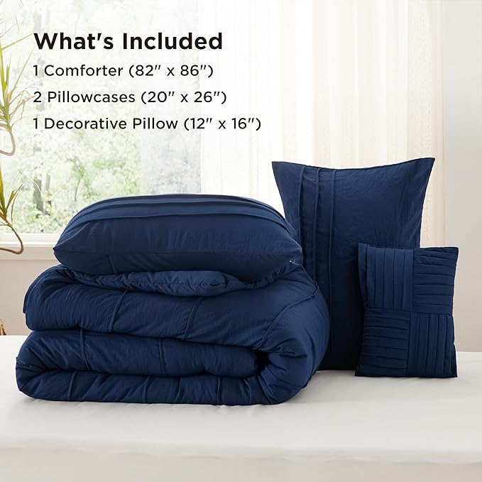 Bedsure Full Comforter Set - 4 Pieces Pinch Pleat Bed Set, Navy Blue Boho Bedding for All Season, 1 Soft Comforter, 2 Pillowcases, 1 Decorative Pillow