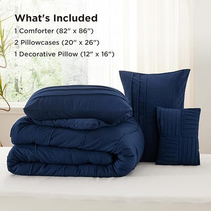 Bedsure Full Comforter Set - 4 Pieces Pinch Pleat Bed Set, Navy Blue Boho Bedding for All Season, 1 Soft Comforter, 2 Pillowcases, 1 Decorative Pillow