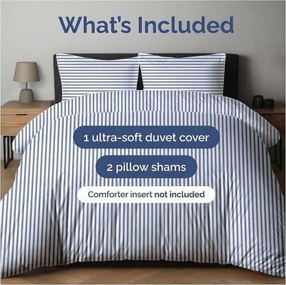 Duvet Cover Queen Size Set - Extra Soft Queen Duvet Cover 90" x 90" with 2 Pillow Shams - Hotel Luxury, Easy Care & Fade Free with Zipper Closures & Ties - Comfy, Cozy and Breathable (Blue Stripes)