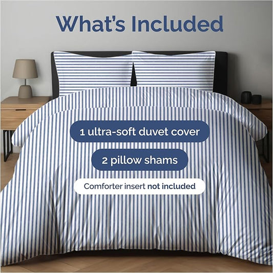 Duvet Cover Full Size Set - Extra Soft Full Duvet Cover 80" x 90" with 2 Pillow Shams - Hotel Luxury, Easy Care & Fade Free with Zipper Closures & Ties - All Season, Comfy & Breathable (Blue Stripes)