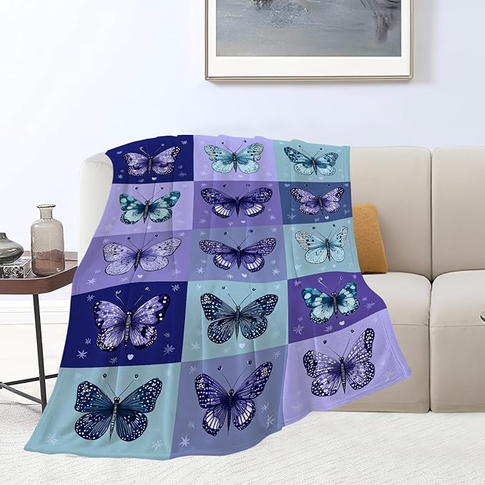 Butterfly Blanket Super Soft Warm Fluffy Fleece Flannel Blue Purple Throw Blanket Cozy Fuzzy Plush Stuff Bedding Blankets Gifts for Women Kids Boys Girls Adults 50"X40"
