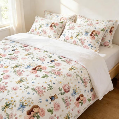 Kids Pink Floral Bed in A Bag Full for Girls, 5Pcs Pink Priness Bedding for Kids Kawaii Bedroom Decor, Cute Girly Rabbit Bear Comforter Set with 2 Pillowcases, 79"x90"