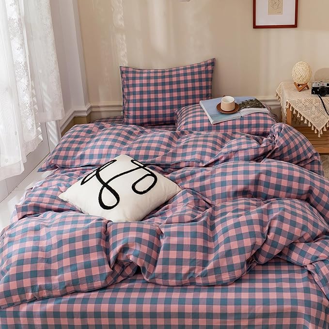 HighBuy King Size Comforter Set Gingham Bedding Set,Purple Grid Plaid Pattern Printed Comforter Set 3 Pieces Fluffy Comfortable, Vintage Checkered Boho Bedding Comforter with 2 Pillowcases