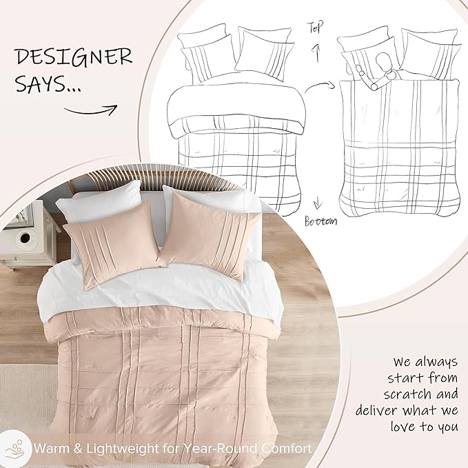 Comfort Spaces Blush Queen Size Comforter Set - 3 Piece Pintuck Pleated Bedding Set, All Season Lightweight, Extra Softness Pre-Washed Microfiber Bed Set, Shams