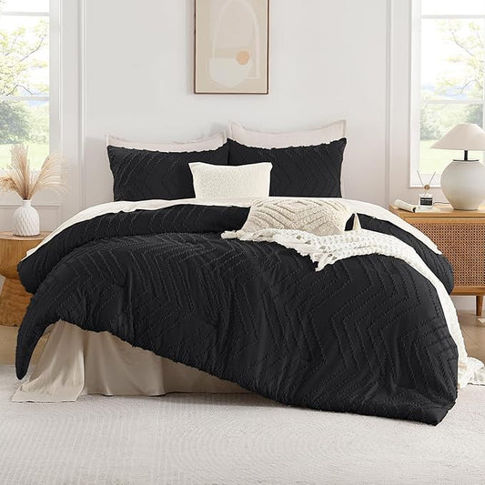 Andency Black Oversized Super King Plus Comforter Set 128x120, Extra Large King Size Comforter Oversize Boho Soft Warm Bedding Comforter Sets, 3 Pieces Aesthetic Chevron Textured Bedding