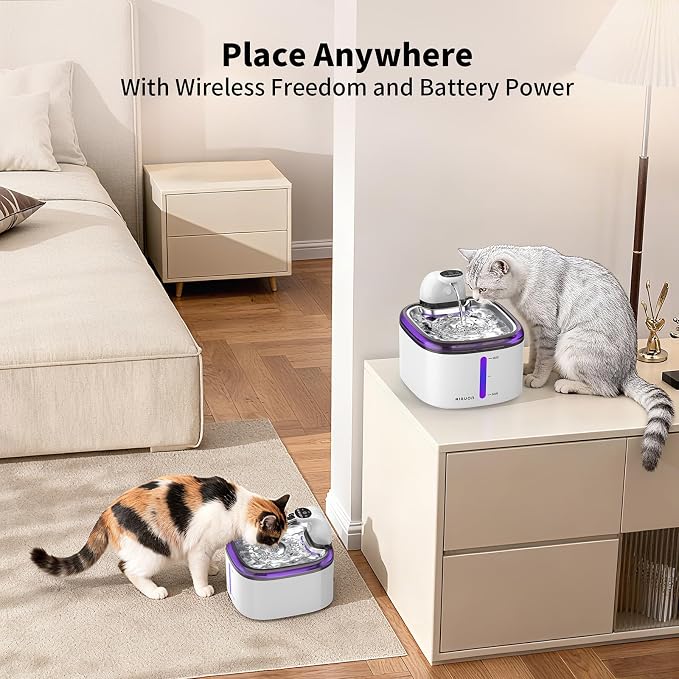 Cat Water Fountain Cordless 118oz/3.5L Wireless & Battery Operated Pet Water Fountain for Indoor Cats, Stainless Steel Tray with Sensor & Timer Modes, Ultra-Quiet, BPA-Free (Cat Fountain+8Filters)
