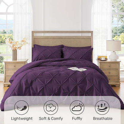 UNIKOME Queen Comforter Set Purple - Ultra Soft Boho Pintuck Down Alternative Bedding Set for All Seasons, 3 Pieces Lightweight Warm Pinch Pleat Bed Set with Comforter, 2 Pillowcases