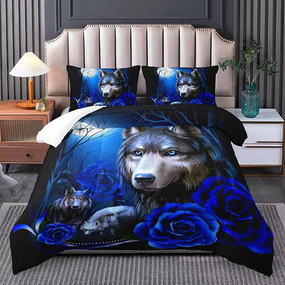 Wolf Bedding Set King Size,Blue Rose King Size Comforter Set,King Size Wolf Comforter Bed Set,King Quilt Bedding Set Rose,Wolf Bedding Set King Size Animal Print Comforter Set