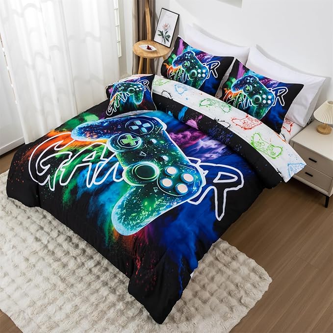 Aimuan Gamer Gaming Bedding Sets 3D Gamepad Comforter Sets for Boys Games Console Action Buttons Novelty Colorful Game Controller Modern Room Decor Home Quilt Set (Black-Green, Full 6Pcs)