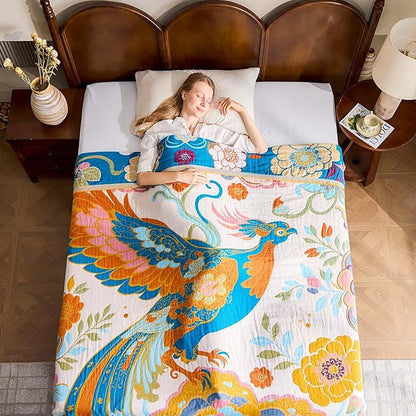 Boho Throw Blanket, Lightweight Blankets for Summer, 100% Cotton Bohemian Decorative Throw Blanket, 90"x98" Reversible Muslin Breathable Woven Farmhouse Blankets Quilt,