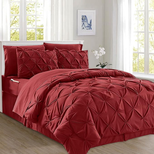 Elegant Comfort 8-Piece Pinch Pleated Comforter Set - All Season Complete Bed in a Bag, Includes 4pc Smart Sheet Set, Bed Skirt, Comforter, Matching Pillowcases and Shams, King/Cal King, Wine Red