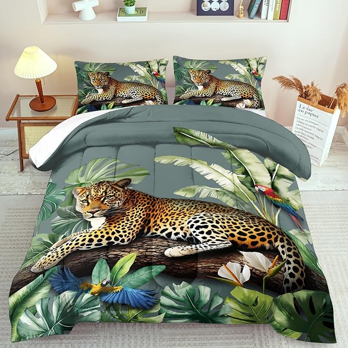 Animal Leopard Print Comforter Set Queen Animal Cheetah Print Comforter Set Boys Girls Floral Leopard Bedding Bedroom Decor Floral Cheetah Bedding Queen Jungle Plant Room Decor