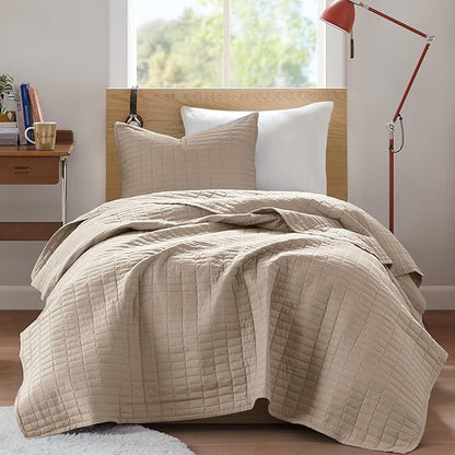 Comfort Spaces Kienna Quilt Set- Double Sided Stitching Design Summer Blanket, Lightweight, Soft, All Season Bedding Layer, Matching Sham, Taupe, Coverlet Twin/Twin XL(66"x90") 2 Piece