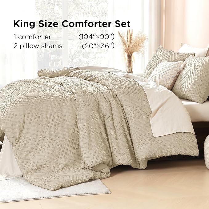 Litanika Khaki King Size Comforter Set, 3 Pieces Tufted Boho Farmhouse Bedding Comforter Sets, Lightweight Fluffy Comforter Bed Set for All Season (104x90In Comforter and 2 Pillowcases)