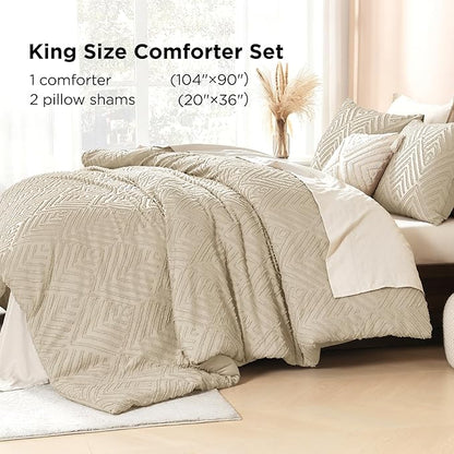 Litanika Khaki King Size Comforter Set, 3 Pieces Tufted Boho Farmhouse Bedding Comforter Sets, Lightweight Fluffy Comforter Bed Set for All Season (104x90In Comforter and 2 Pillowcases)