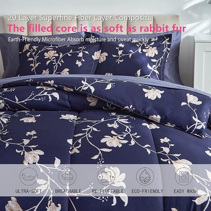 AIKASY Bed in a Bag King Comforter Set，7 Pieces Floral Comforter Set Bedding Sets with (1 Comforter, 2 Pillow Shams, 1 Flat Sheet, 1 Fitted Sheet, 2 Pillowcases) (Navy, King)