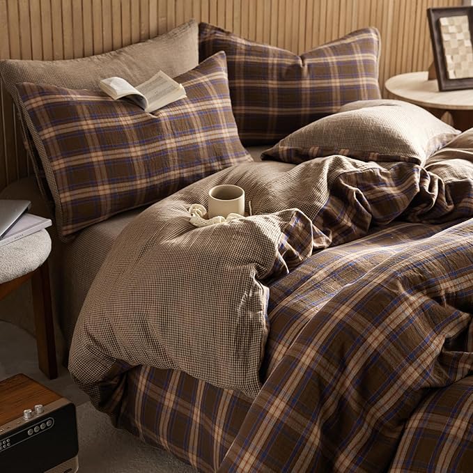EAVD Vintage Style Blue&Brown Plaid Duvet Cover Twin Soft 100% Muslin Cotton Brown Green Blue Grid Checkered Plaid Bedding Set with 2 Pillowcases Reversible Farmhouse Gingham Duvet Cover with Zipper