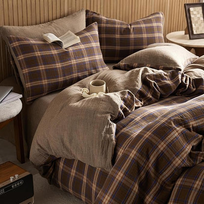 EAVD Vintage Style Blue&Brown Plaid Duvet Cover Twin Soft 100% Muslin Cotton Brown Green Blue Grid Checkered Plaid Bedding Set with 2 Pillowcases Reversible Farmhouse Gingham Duvet Cover with Zipper