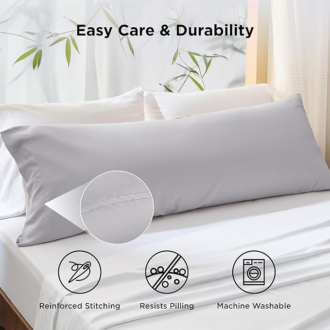 Bedsure Body Pillow Cover, Cooling Body Pillow Pillowcase for Hot Sleepers, Rayon Derived from Bamboo, PureWoven Silky Soft Long Pillow Case Cover with Envelope Closure, Light Grey, 20x54 Inches