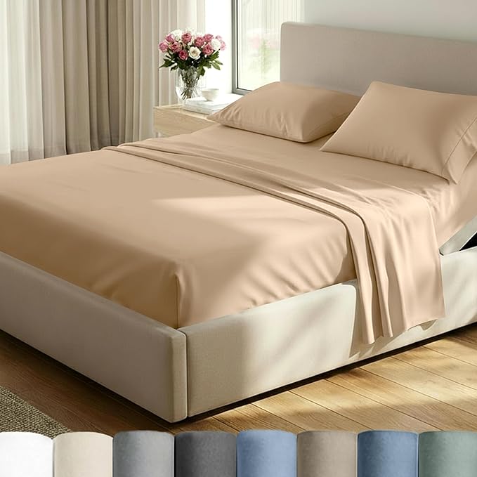 California Design Den 100% Cotton Split King Sheets, 600 Thread Count Sateen, Soft, Cooling Cotton Sheets, Hotel-Quality Bedding Sheets & Pillowcases (Golden Tan)