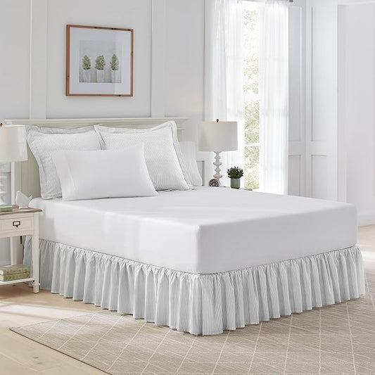 Laura Ashley Home - Twin Bedskirt, Cotton Ruffled Bedding, Smooth & Lightweight, Dorm Essentials, Oeko-Tex Certified (Ticking Stripe Grey)