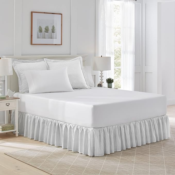 Laura Ashley Home - Cotton Ruffled Bedskirt, Lightweight & Classic Style (Ticking Stripe Grey, Queen)