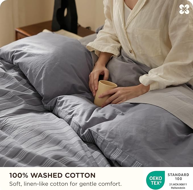 Bedsure Striped Duvet Cover Queen Size, 100% Washed Cotton PureWoven Duvet Cover Linen Like Textured, Classic Striped Pattern Enhances Bedroom Comfort and Style, Stripes Grey, 90"x90"