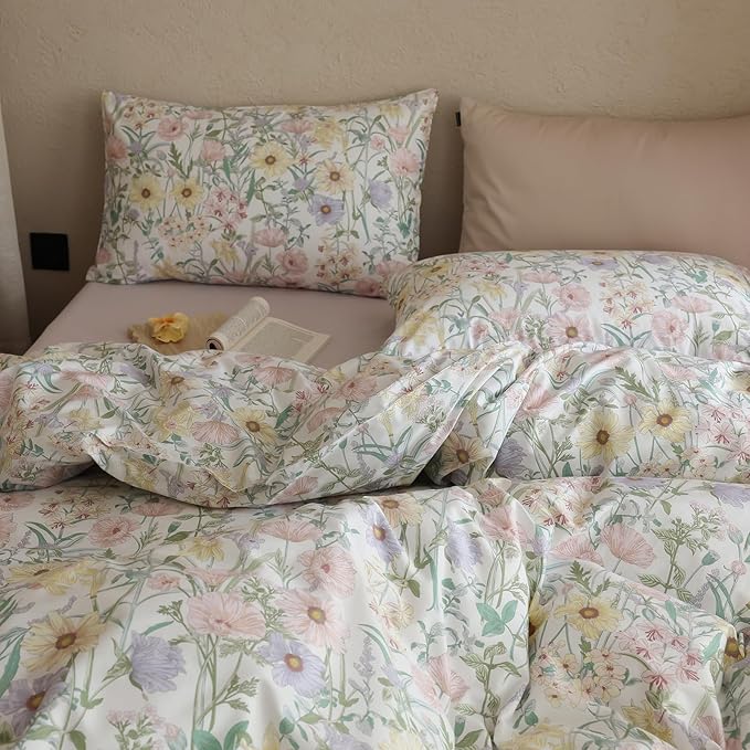 Floral Queen Size Comforter Cotton Fluffy Bedding Set Lightweight Vintage Down Alternative Girly Bedding Comforter Sets Chic 3 Piece Boho Farmhouse Bed Comforter with 2 Pillowcases