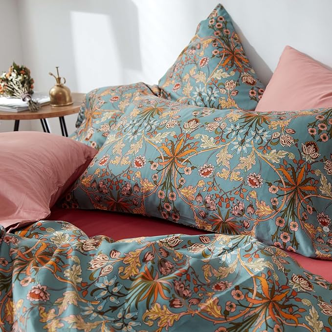 mixinni Vintage Style Garden Flower Duvet Cover Set with Zipper Closure Long Staple Percale Cotton Yellow Vibrant Pattern on Bedding Quilt Cover Set(California King, All Season)