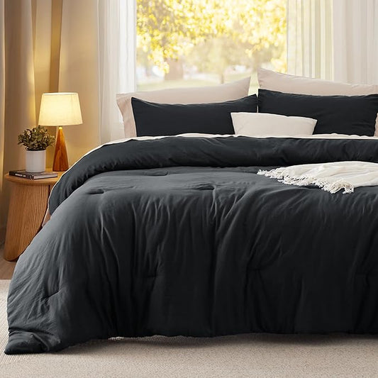 Bedsure Oversized Queen Comforter Set, Black Soft Prewashed Bedding for All Seasons, 3 Pieces GentleSoft™ Bed Set, 1 Lightweight Comforter (98"x98") and 2 Pillowcases (20"x26")