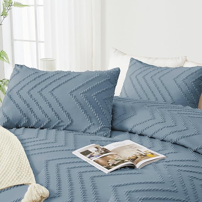Andency Greyish Blue Twin/Twin XL Comforter Set, Twin Bed Comforter for College Dorm Girls Boys Kids Boho Soft Warm Cute Comforter, 2 Pieces Aesthetic Chevron Bohemian Bedding Set