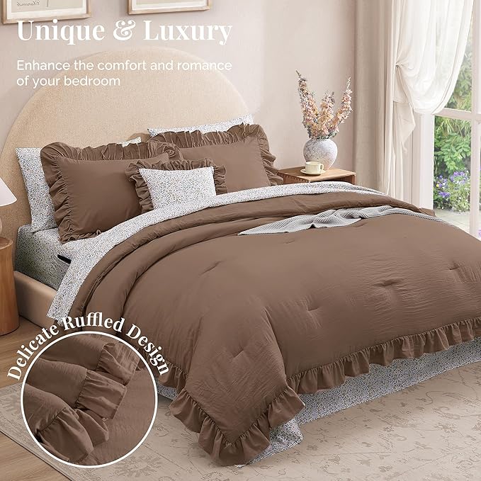 Twin XL Comforter Set - 5 Pieces Ruffle Amber Brown Floral Bedding Sets, Shabby Chic Farmhouse Bed in a Bag with Ruffle Comforter, Floral Sheets, Pillowcase & Sham