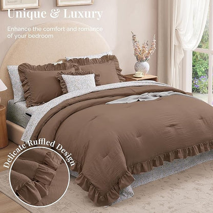 California King Comforter Set - 7 Pieces Ruffle Amber Brown Bedding Sets, Shabby Chic Farmhouse Bed in a Bag with Ruffle Comforter, Floral Sheets, Pillowcases & Shams