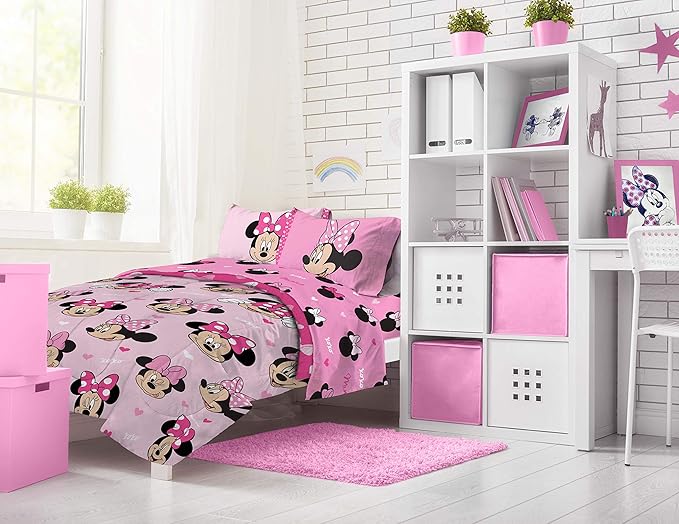 Jay Franco Disney Minnie Mouse Hearts N Love 4 Piece Twin Bed Set - Includes Reversible Comforter & Sheet Set - Super Soft Fade Resistant Microfiber - (Official Disney Product)