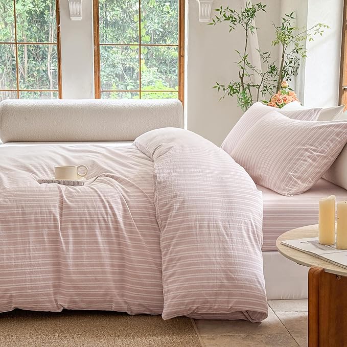 Striped Duvet Cover Set 100% Washed Cotton Linen Like Soft Feelling Breathable Bedding(Greyish Pink/White Strip,Twin)