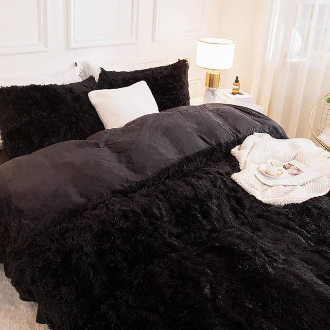 Andency King Size Comforter Set Black, Fluffy Winter Faux Fur Warm Soft Plush Bedding Comforter Set (1 Velvet Comforter & 2 Pillowcases), Fuzzy Thick Heavy Puffy Comforters Bed Set