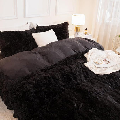 Andency King Size Comforter Set Black, Fluffy Winter Faux Fur Warm Soft Plush Bedding Comforter Set (1 Velvet Comforter & 2 Pillowcases), Fuzzy Thick Heavy Puffy Comforters Bed Set