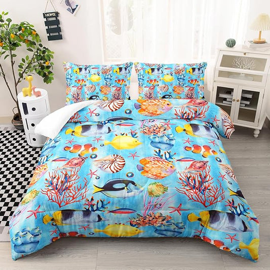 3 Piece Ocean Bedding Set,Blue Full Comforter Set for Boys Teens Girls,Tropical Fish Marine Life Quilt With 2 Pillowcase,Lightweight All Seasons Duvet Insert, Down Alternative Bed Comforter Set