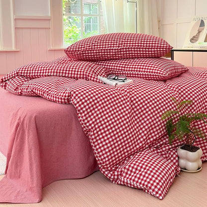 LifeTB Red Gingham Comforter Set Twin XL Modern Style Red Plaid Comforter Set 3 Pieces Soft Fluffy Grid Checkered Pattern Comforter with 2 Pillowcases Farmhouse Gingham Bedding Set Breathable