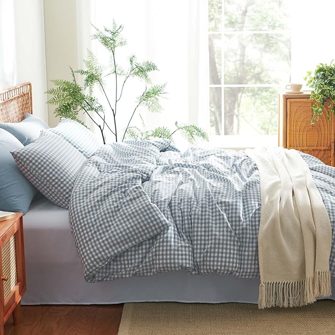 Nayoroom Gingham Duvet Cover King Size 100% Washed Cotton Blue Plaid Checkered Comforter Cover 3 Pcs Soft Breathable Grid Farmhouse Dorm Bedding Set for All Seasons