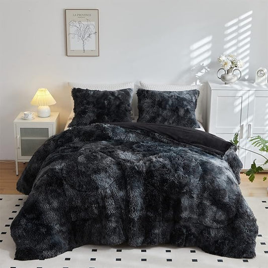 Wajade Faux Fur Plush Black Comforter Set Fluffy Fuzzy Shaggy Bedding Set - 3PC Full/Queen Microfiber Soft Warm Quilt Set