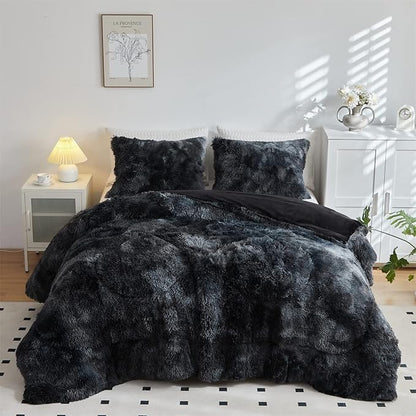 Wajade Faux Fur Plush Black Comforter Set Fluffy Fuzzy Shaggy Bedding Set - 3PC King Size Microfiber Soft Warm Quilt Set