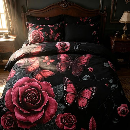 Black Vintage Comforter Set Twin Size, Black Red Floral Bedding Set for Gothic Bedroom Decor, 2 Pieces Soft Microfiber Lightweight Comforter Set with 1 Pillowcase, 68"x86"