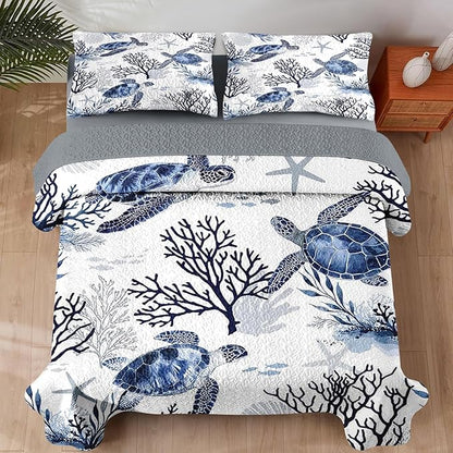 Quilt Set Twin Size, Ocean Sea Coral 2 Pcs Soft Bed Cover Bedding Set for Kids and Adults, Blue Animal Turtle Lightweight Bedspread Coverlet with Pillow Sham for All Season