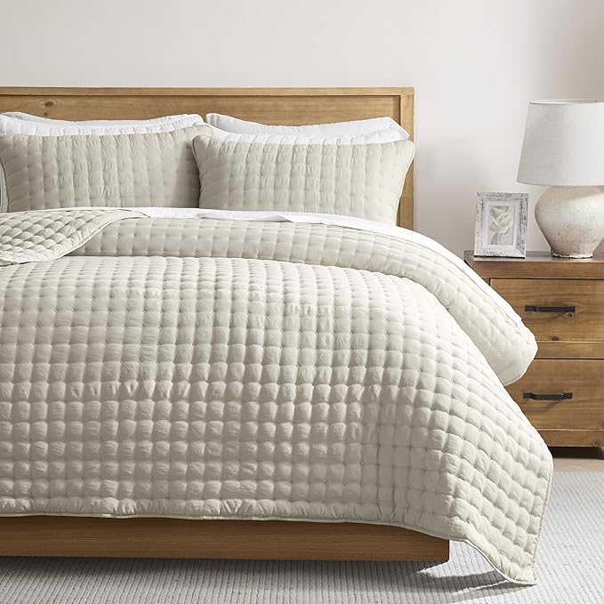 WDCOZY Beige King Size Quilt Bedding Sets with 2 Pillow Shams, Neutral Lightweight Soft Bedspread Coverlet, Quilted Blanket Thin Comforter Bed Cover for All Season, 3 Pieces, 104x90 inches