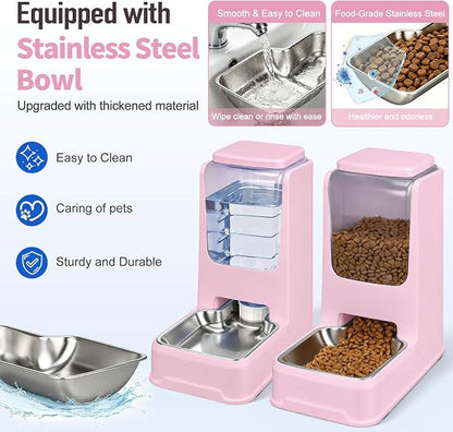 Automatic Cat Dog Feeder and Water Dispenser Set with Stainless Steel Bowl | Automatic Cat Feeder and Water Dispenser Set with Dog Stainless Steel Feed Bowl Pet Gravity Self Feeding and Waterer *2