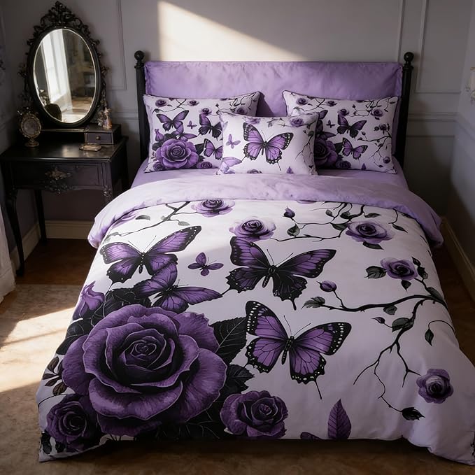 Vintage Floral Comforter Set Queen Size, Purple Floral Bedding Set for Gothic Bedroom Decor, 3 Pieces Soft Microfiber Lightweight Comforter Set with 2 Pillowcases, 90"x90"